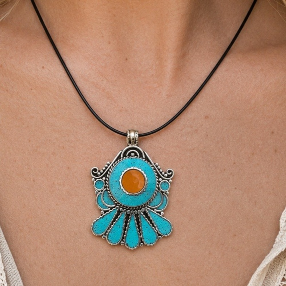 Turquoise Coral Gemstone Tibetan Handmade Pendant Only Boho Southwestern Ethnic